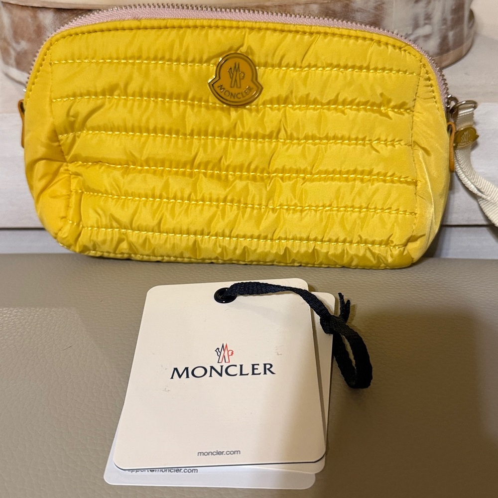 New Moncler yellow black white beauty case makeup bag puffer zipper 10” wide 6”